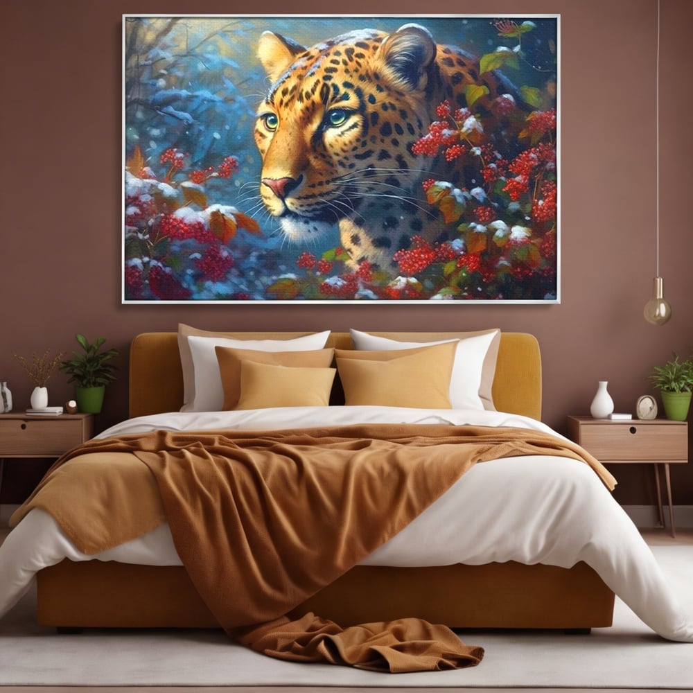 Tablou canvas cu tablou canvas cu jaguar in zapada, in rama de aluminiu argintiu, pe perete intr-un dormitor